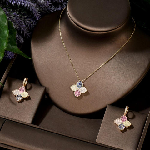 Luxury Sweet Lucky Clover Necklace and Earring Jewelry Set -JW01350-Veeddydropshipping