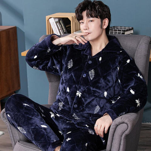 Warm Sleepwear Men&#39;s Flannel Winter Thick Pajamas Long Sleeve Casual-MF01605-Veeddydropshipping