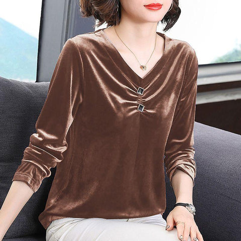 V-neck Velvet Tee Women Long Sleeve Oversized Loose T-Shirt-WF00270-Veeddydropshipping