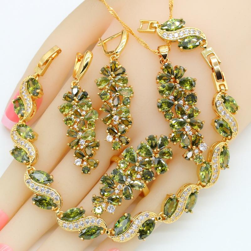 Green Peridot Gold Plated Jewelry SetsEarrings Necklace  -JW00206-Veeddydropshipping