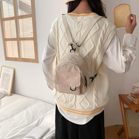 Solid Color Corduroy Small Backpacks Simple Casual Student-BS00245-Veeddydropshipping