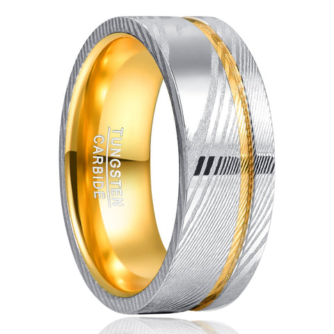 Damascus steel Ring Steel Black Damascus Gold Line Two-tone -JW00320-Veeddydropshipping