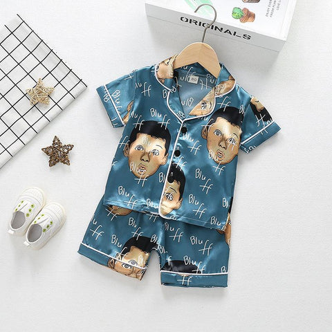 Summer Children Cartoon Short Sleeve+Shorts 2pc Satin Silk Pajamas Sets-TB01052-Veeddydropshipping