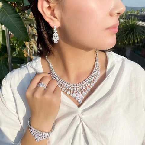 Tassel Water Drop Big Wedding Bridal Necklace Earrings 4 Pieces -JW00295-Veeddydropshipping