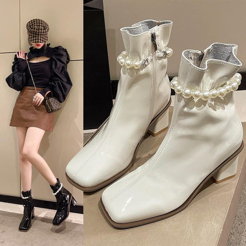 Ankle Boots Block High Heel Shoes Beige New-BS01059-Veeddydropshipping