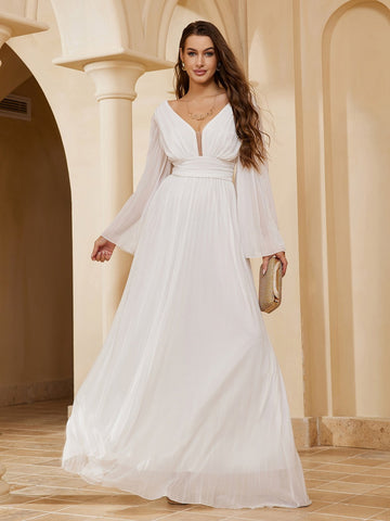 Sexy Deep V Neck Long Sleeve Celebrity Dress-WF01577-Veeddydropshipping