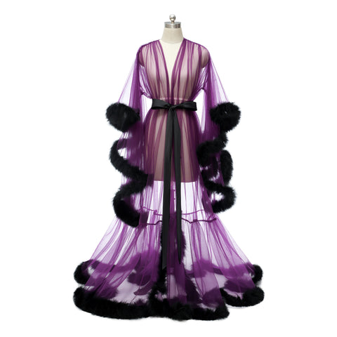 Long Sleeve Feather Tulle Party Evening Dresses-WF01595-Veeddydropshipping