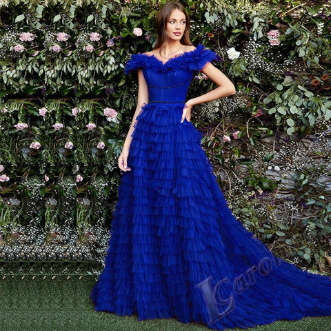 Off Shoulder Evening Dress V-neck Tiered Gelitter-WF01588-Veeddydropshipping