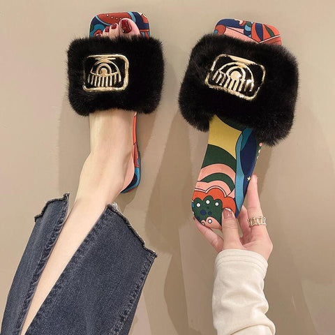 Slides Fluffy Slippers Ladies Shoes Woman Home-BS01190-Veeddydropshipping