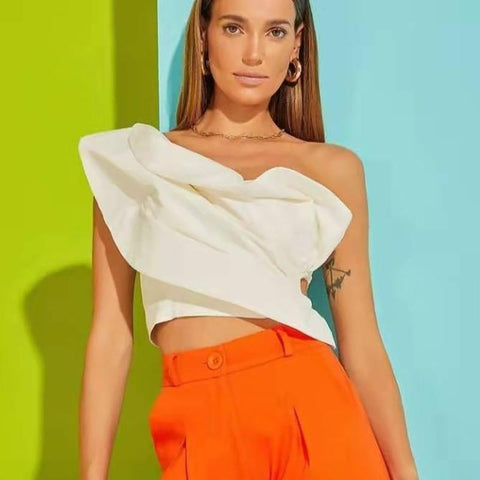 One Shoulder Crop Top Women Hollow Out Elegant T Shirts-WF00181-Veeddydropshipping