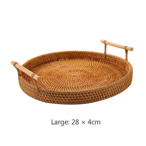 Round Rattan Storage Tray with Wooden Food Storage-HA00938-Veeddydropshipping