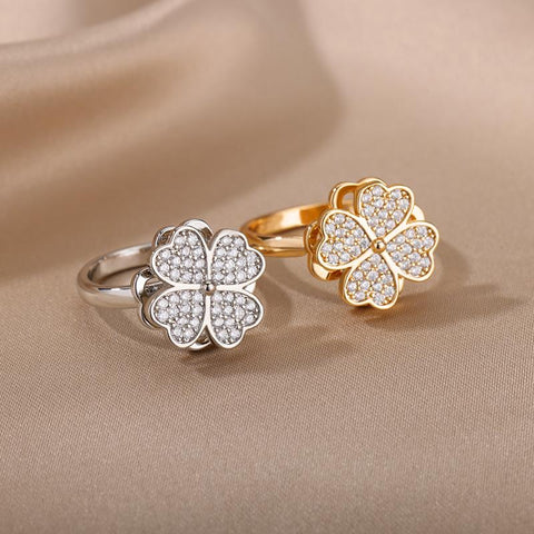 Zircon Rotatable Four Leaf Clover Rings For Women -JW00033-Veeddydropshipping