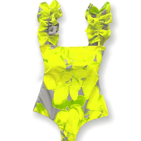 Sexy Bathing Suit Ruffle Strap Biquinis Feminino 2022 Swimwear Yellow Print Swimsuit -OS00067-Veeddydropshipping