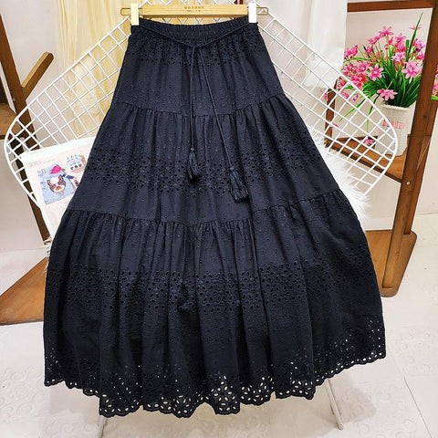 Women Hollow Out Long Skirt A-line Long Skirt-WF00508-Veeddydropshipping