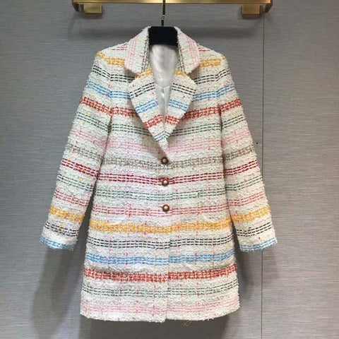 Medium Length Colorful Striped Womens Tweed Jackets-Veeddydropshipping
