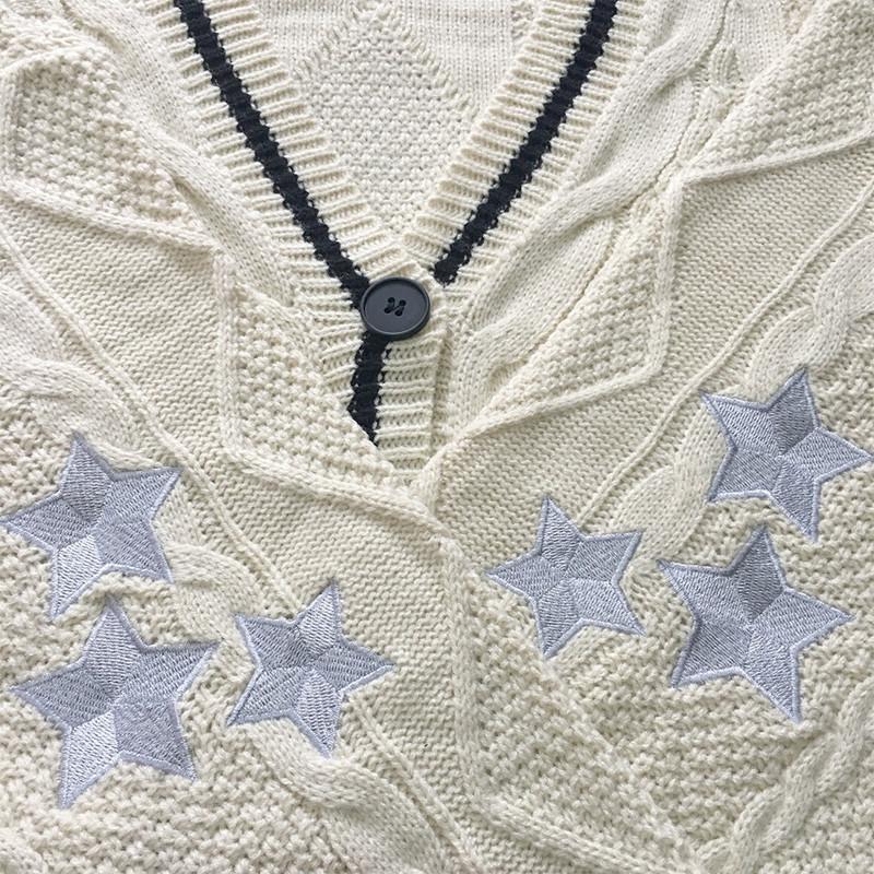 Women Star Embroidered Cardigan V-neck Knitted Sweater-Veeddydropshipping