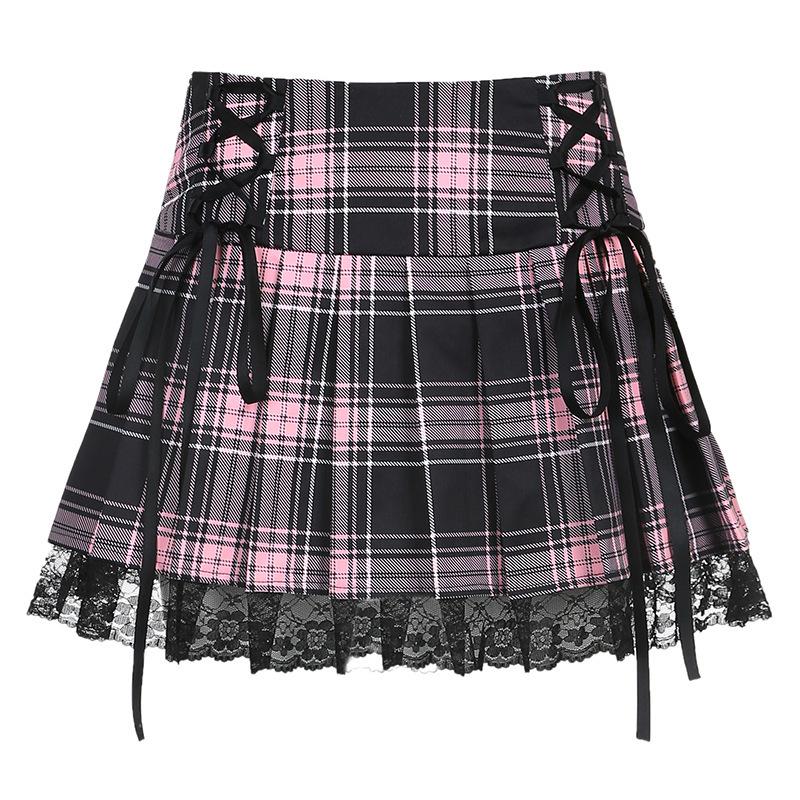 Sexy Lace-up Lace Plaid Pleated Skirt-Veeddydropshipping