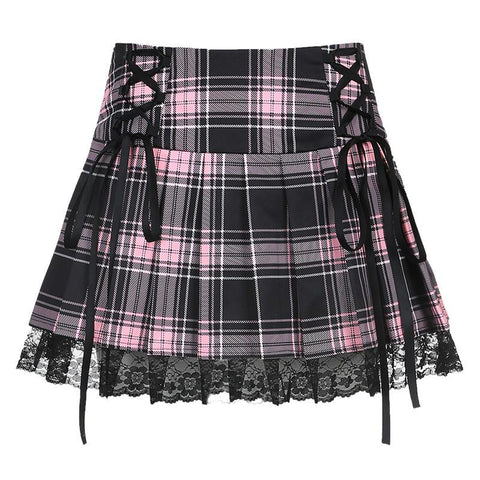 Sexy Lace-up Lace Plaid Pleated Skirt-Veeddydropshipping