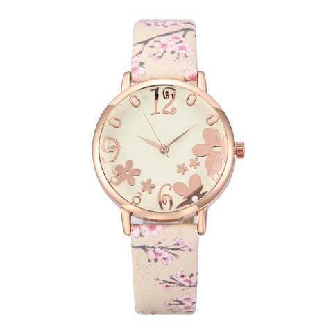 New Fashion Flowers Printed Belt Dial Watch Female Student Quartz Watch