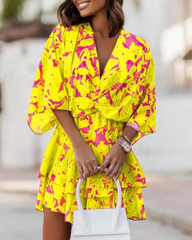 Fashion Printing Sexy V-neck Loose Bat Sleeve Dress-WF00060-Veeddydropshipping