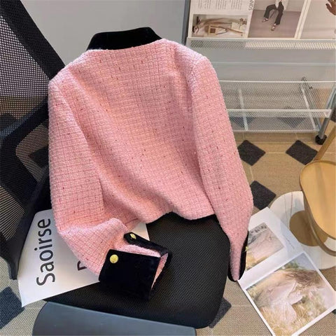 Pink Korean Spliced Crop Tweed Jacket Women-Veeddydropshipping