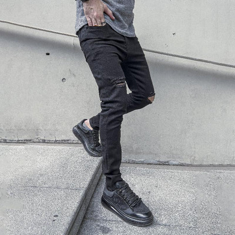 Ripped Slim Pencil Jeans Pants Male Fashion Solid Hip-MF00576-Veeddydropshipping