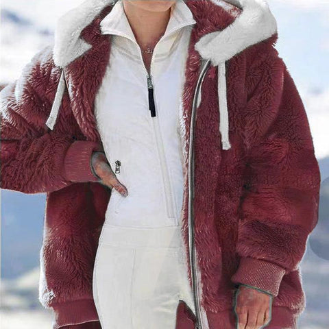 Fashion Simple Casual Loose Plush Zipper Hooded Jacket-Veeddydropshipping