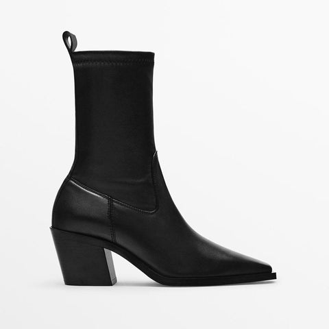 Heel Black Pointed Toe Side Zipper Middle Heel Short Boots-BS00914-Veeddydropshipping