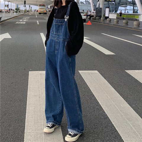 Large Loose Pockets Student Denim Suspender Pants-WF00367-Veeddydropshipping