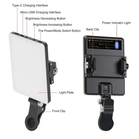 LED Mobile Phone Computer Fill-in Light Adjustable Portable LED Lamp Rechargeable Clip Fill Video Light-PA00800-Veeddydropshipping