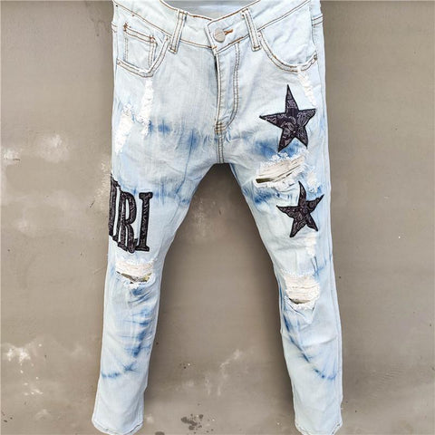 Men Embroidery Patchwork Ripped Jeans For Men-MF00650-Veeddydropshipping
