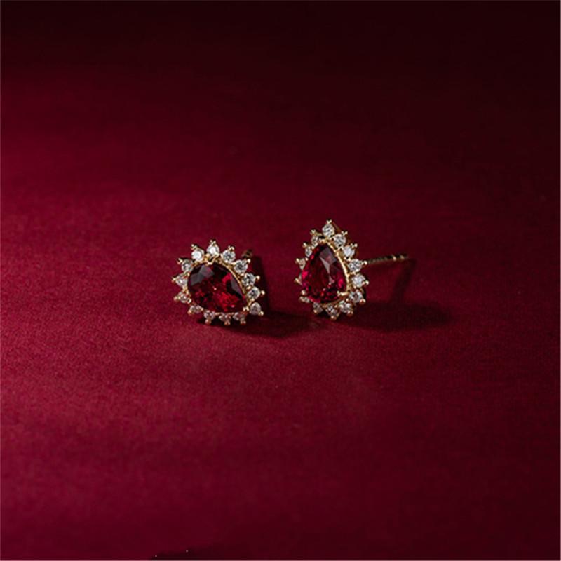 925 Sterling Silver 14k Gold Plating Inlaid Ruby Earrings  -JW00185-Veeddydropshipping