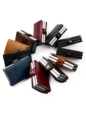 Credit Card Holder Vintage Leather Double Metal Automatic-BS00631-Veeddydropshipping
