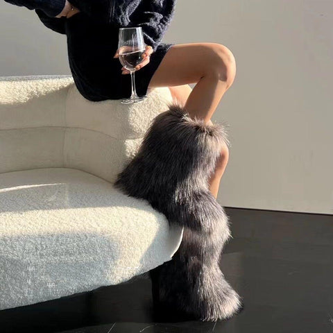 Furry Faux Fox Fur Boots Woman Plush Warm Platform Shoes-BS00982-Veeddydropshipping