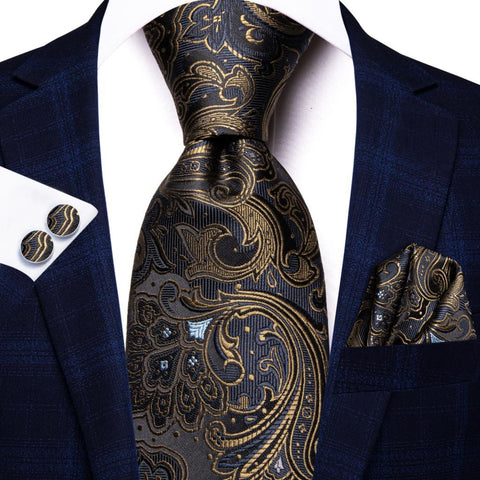 Floral Yellow Gold Ties and Handkerchiefs Cufflinks Set Men-JW01306-Veeddydropshipping