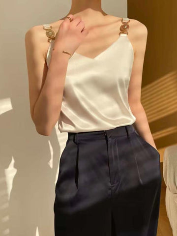 Women T-shirt Silk Metal Buckle V-neck Vest-Veeddydropshipping