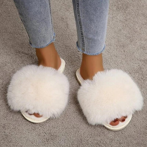 Winter Simple Word Fur Flats Soft Home Women Slippers Faux Fur-BS01121-Veeddydropshipping