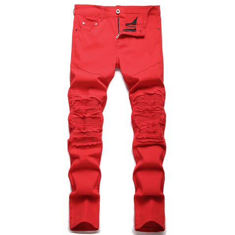 Biker Jeans Pants Slim Fit Pleated Motocycle Denim Trousers-MF00626-Veeddydropshipping