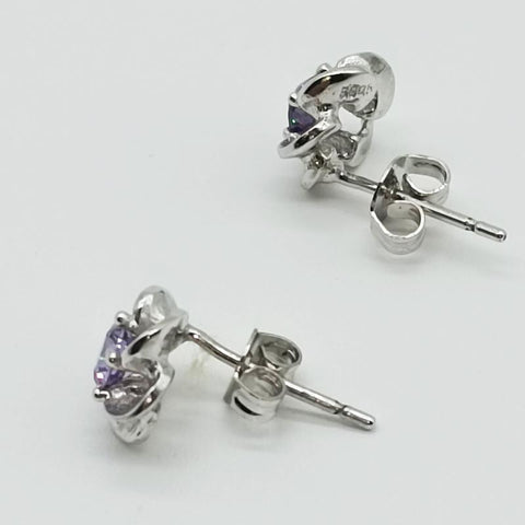 925 Silver Flower Stud Earrings Purple Swiss Diamond Jewelry  -JW00278-Veeddydropshipping