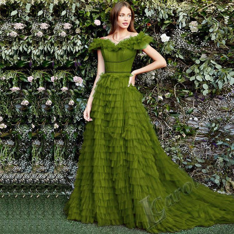 Off Shoulder Evening Dress V-neck Tiered Gelitter-WF01588-Veeddydropshipping