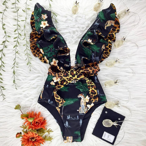 2022 New Sexy Ruffle Print Floral One Piece Swimsuit Off The Shoulder Swimwear-OS00046-Veeddydropshipping