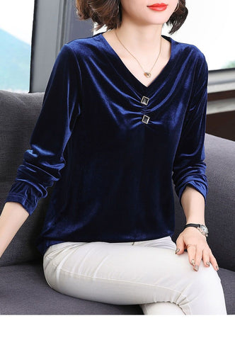 V-neck Velvet Tee Women Long Sleeve Oversized Loose T-Shirt-WF00270-Veeddydropshipping