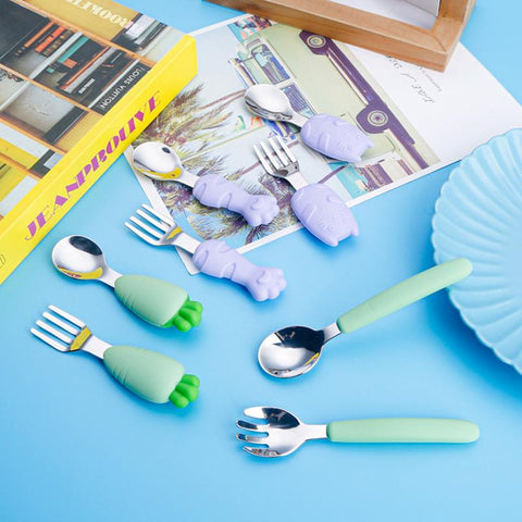 Silicone Baby Spoon Forks Set Cartoon Cat Shaped Dishes for Baby-TB00720-Veeddydropshipping