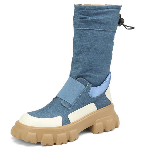 Martin Boots Leather Denim Casual Short Boots Round-BS01048-Veeddydropshipping