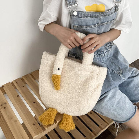cute lamb plush duck shoulder bag big goose feather Tote bag-TB00076-Veeddydropshipping