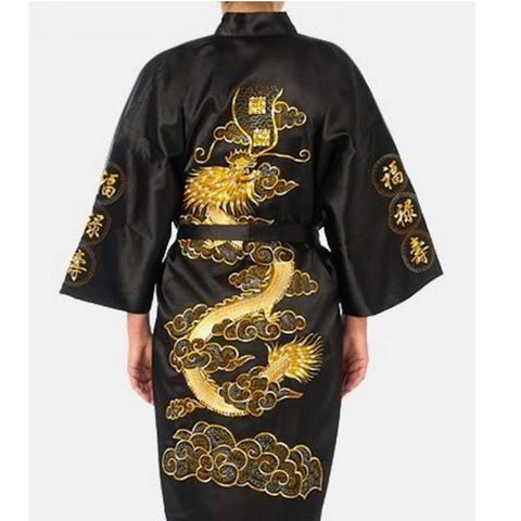 Men&#39;s Satin Silk Robe Embroidery Kimono Bath Gown Dragon-MF01602-Veeddydropshipping