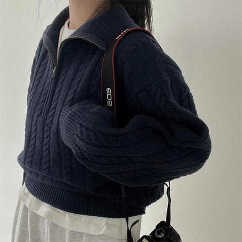 New Solid Color Sweater Long Sleeve Zipper Lady Knitwear-Veeddydropshipping