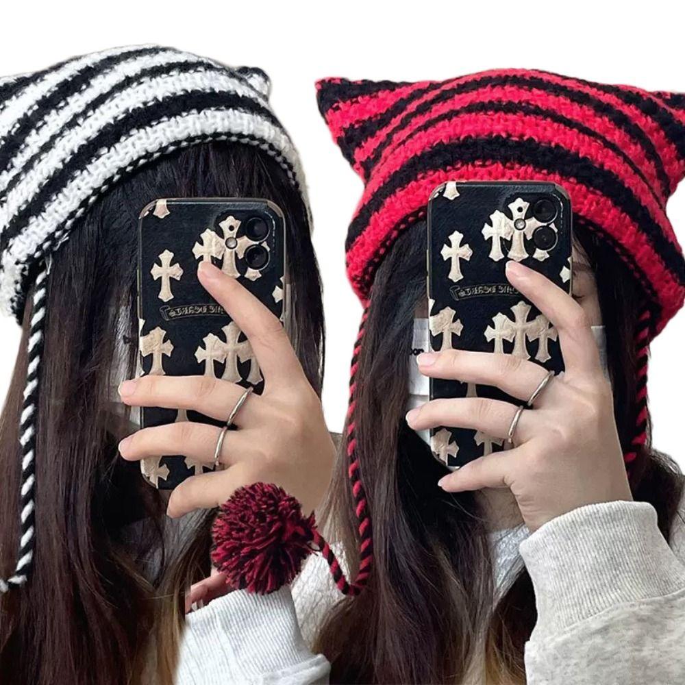Knitting Striped Beanie Hat Knitted Wool Caps-Veeddydropshipping