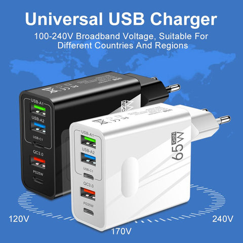 65W GaN Charger USB PD Muti Plugs Fast Charging GaN Charger Mobile Phone Quick Charging Type C-PA00023-Veeddydropshipping