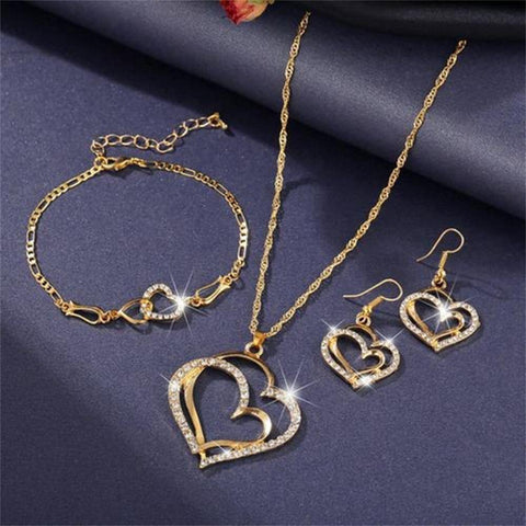 Double Heart Necklace Earrings Bracelet Jewelry Set  -JW00327-Veeddydropshipping